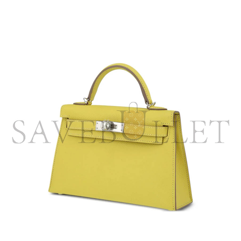 H**mes mini kelly ii epsom lemon yellow silver buckle (19*12*5.5cm)